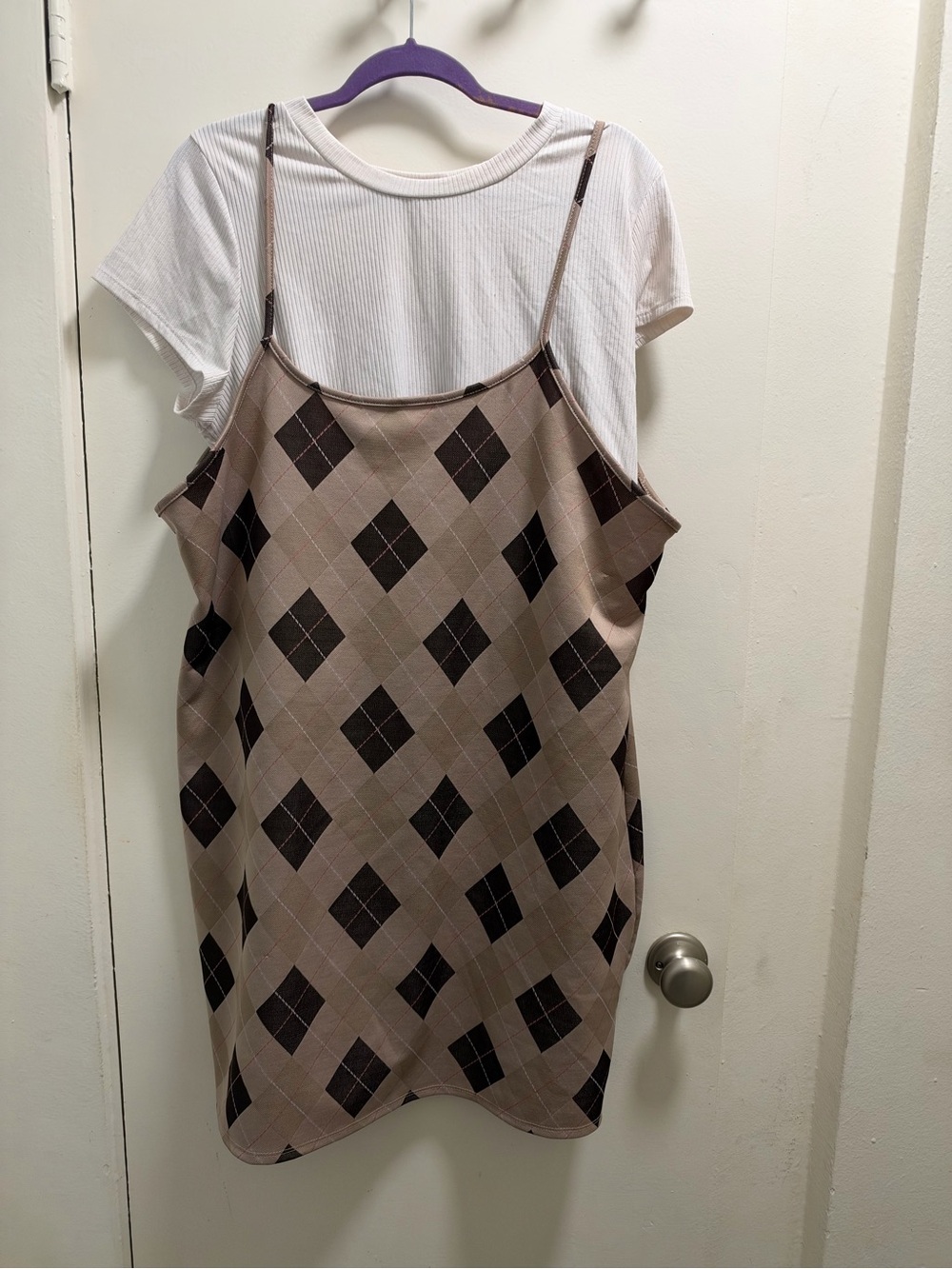 Vibe Beige Mini Slip Dress with Black Argyle Accents